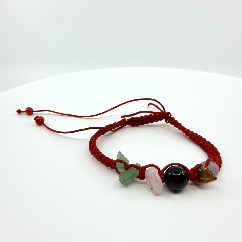 VTG Boho Red Macrame Cord Slide Bracelet Mixed Gemstone Crystal Chips Unmarked